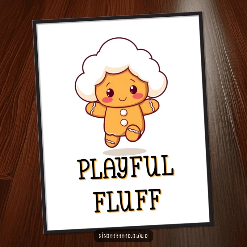 Funny poster showcasing a gingerbread cloud character in mid-bounce, perfect for adding a playful and energetic touch.
