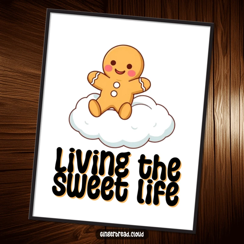 Funny gingerbread man poster depicting a happy gingerbread cookie character blissfully floating on a soft, fluffy cloud, bringing joy.