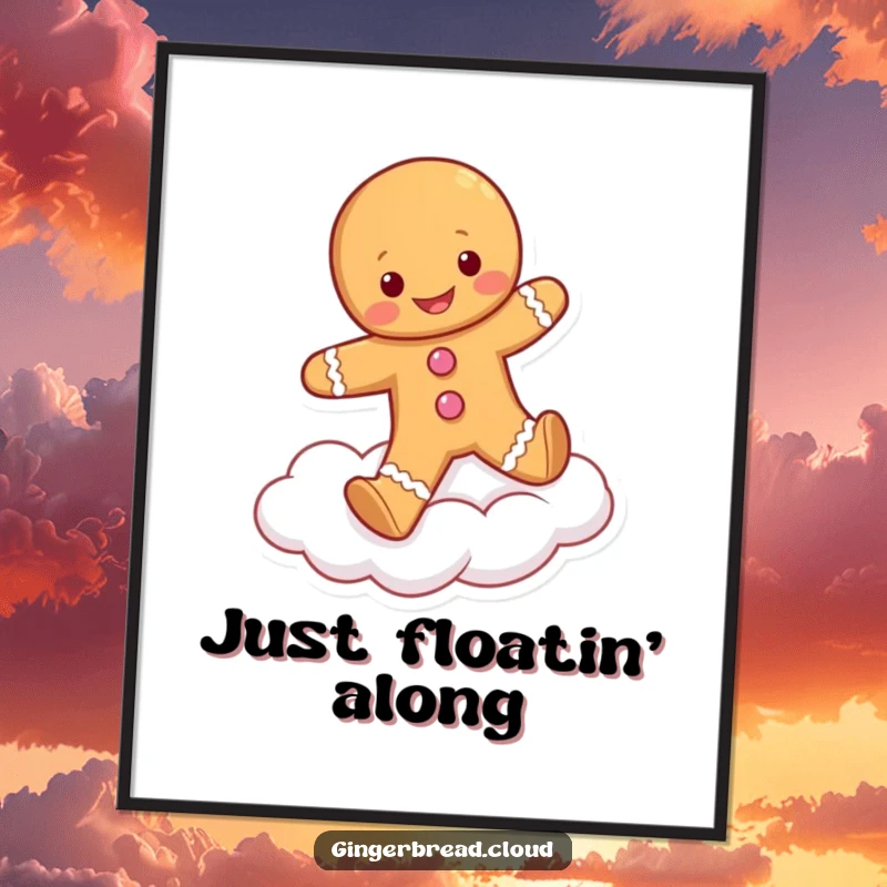 Funny poster depicting a fluffy gingerbread person skipping with pure glee on a soft, dreamy cloud, creating a joyful atmosphere.