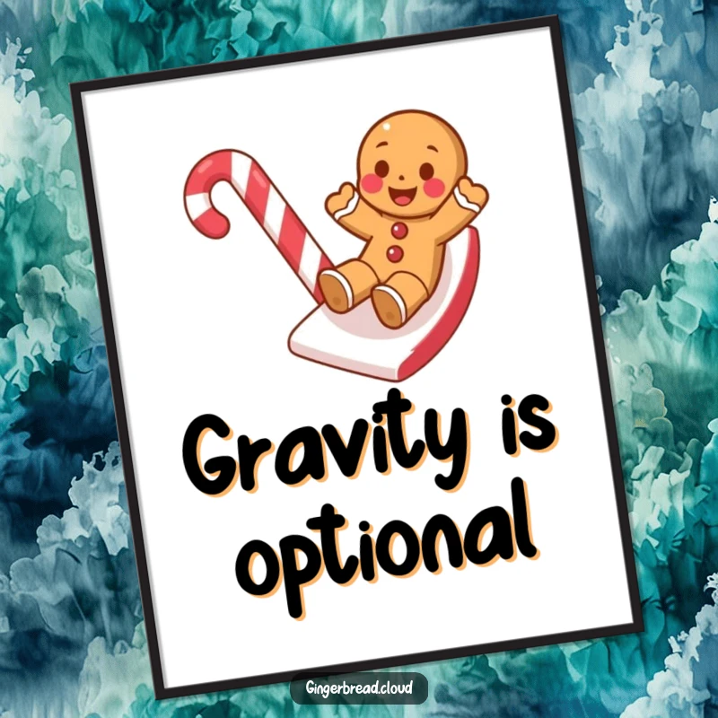 Funny poster depicting a gingerbread cookie enjoying a speedy descent on a candy cane slide, evoking pure joy.