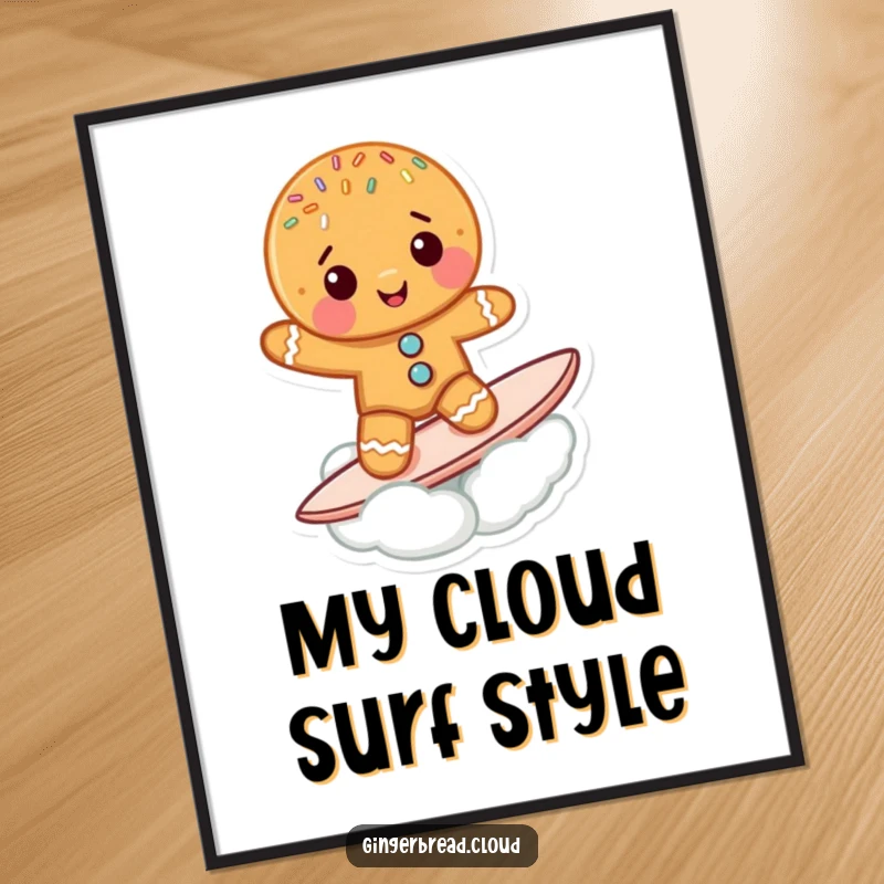 Funny Gingerbread Cookie Poster: A cute gingerbread character with sprinkles surfs a cloud, creating a funny and eye-catching art piece.