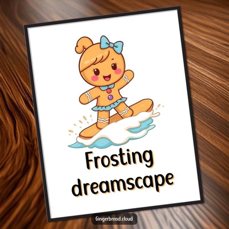 Funny gingerbread girl joyfully surfs a swirl of delicious frosting, capturing a moment of pure sweet and funny celebration, perfect wall decor.
