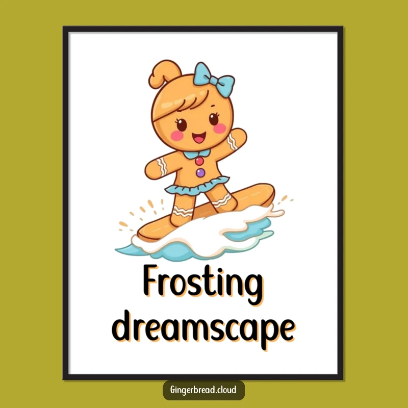 Funny Gingerbread Girl Surfing Frosting Art Print: Hilarious Sweet Decor Gift