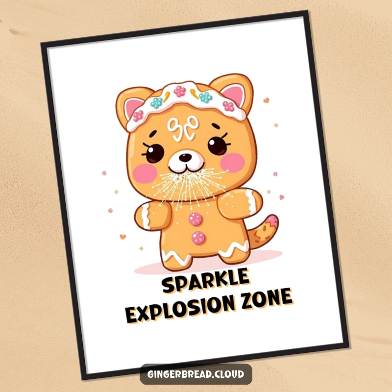 Funny gingerbread animal poster, sneezing edible glitter, vibrant and whimsical holiday decor, ideal funny gift for art lovers.