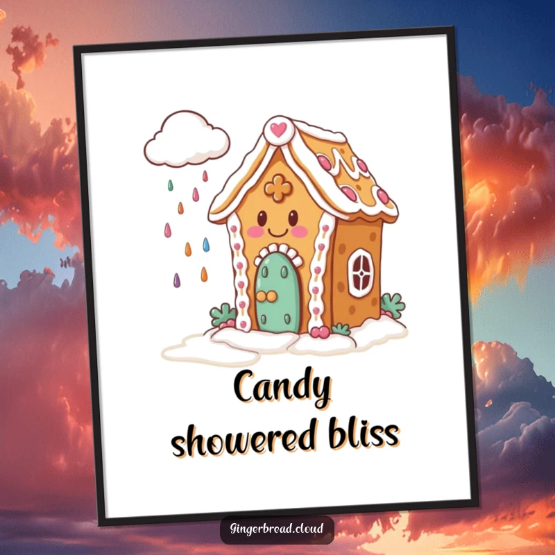 Funny Poster: Whimsical art of a happy gingerbread house with icing, watching a cloud rain colorful candies.