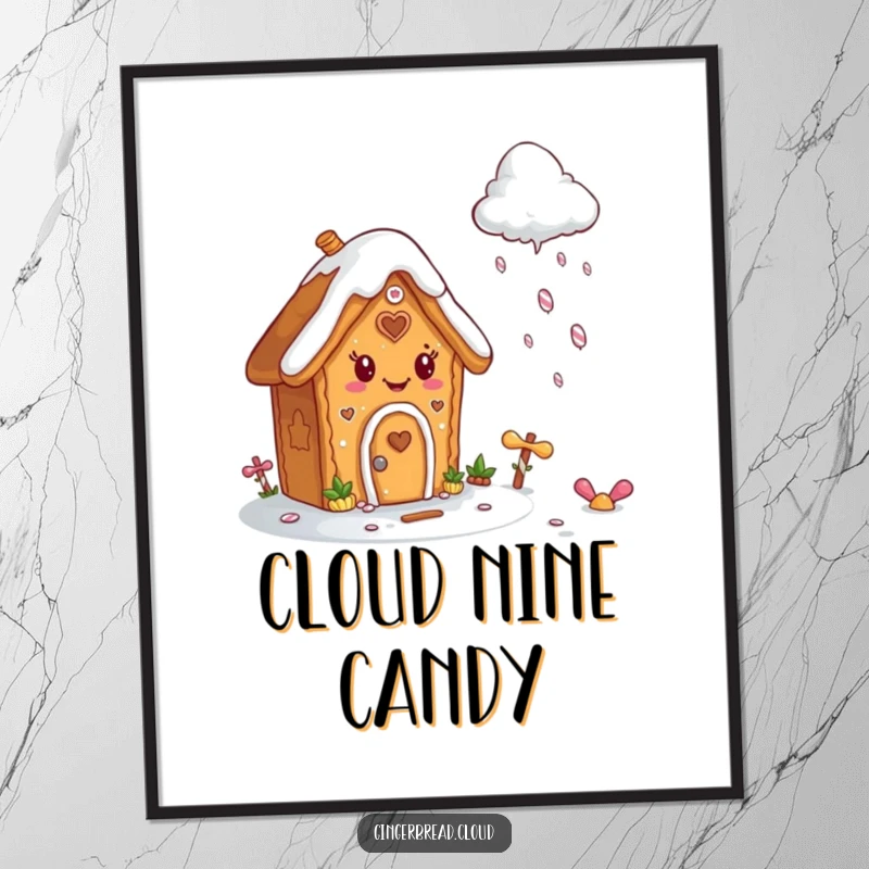 Funny poster showing a happy gingerbread house character with icing, enjoying a whimsical scene of candy raining from a cloud.