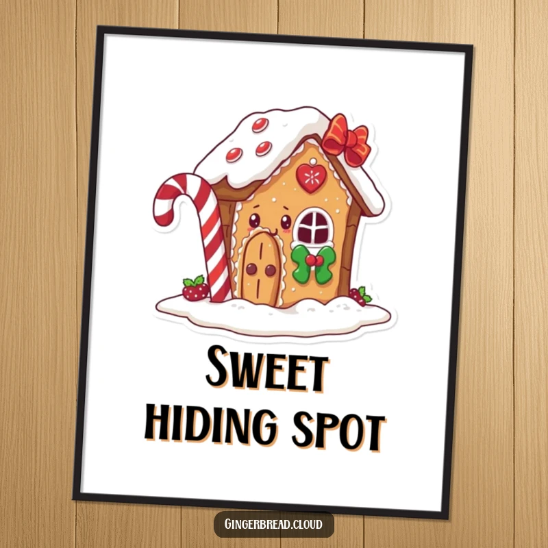 Funny gingerbread house poster, a happy character peeking from behind a candy cane, charming and festive wall art.