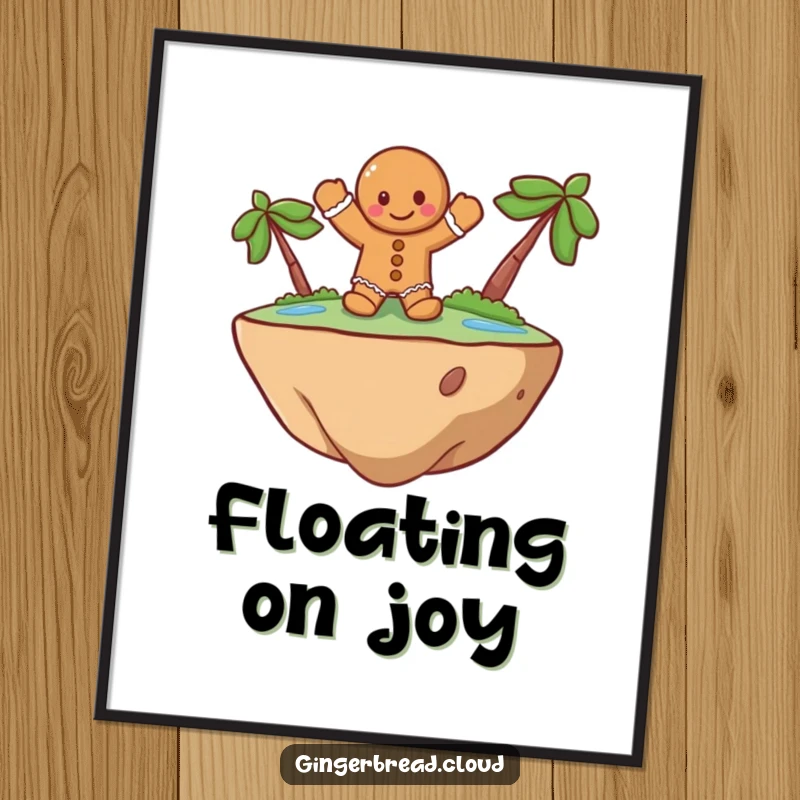 Funny Poster of a cheerful gingerbread man waving from a floating island, a whimsical and humorous culinary artwork for enchanting wall decor.