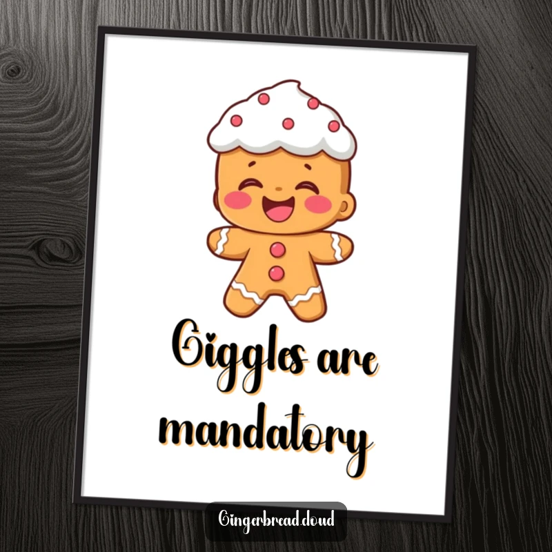 Funny poster: A gingerbread person with vibrant frosting hair laughs wholeheartedly, bringing cheerful energy to art.