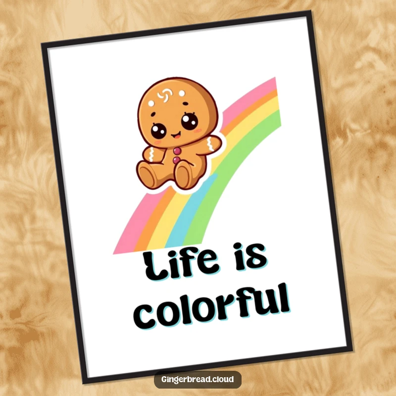 Funny poster print of a cheerful gingerbread character with large eyes, sliding down a vibrant rainbow, exuding happiness.