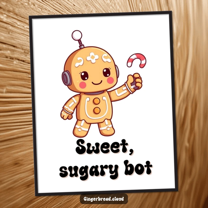 Funny gingerbread robot poster, waving a candy cane antenna, cheerful and futuristic wall art.