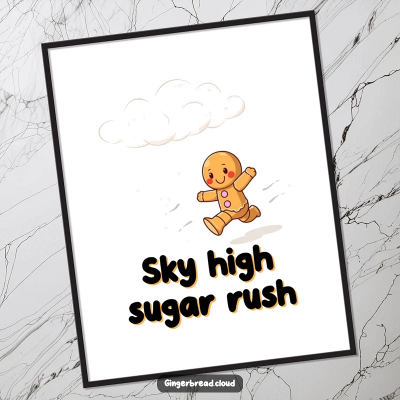 Funny poster art depicting a gingerbread character mid-stride, joyfully running through a whimsical, cloudy sky.