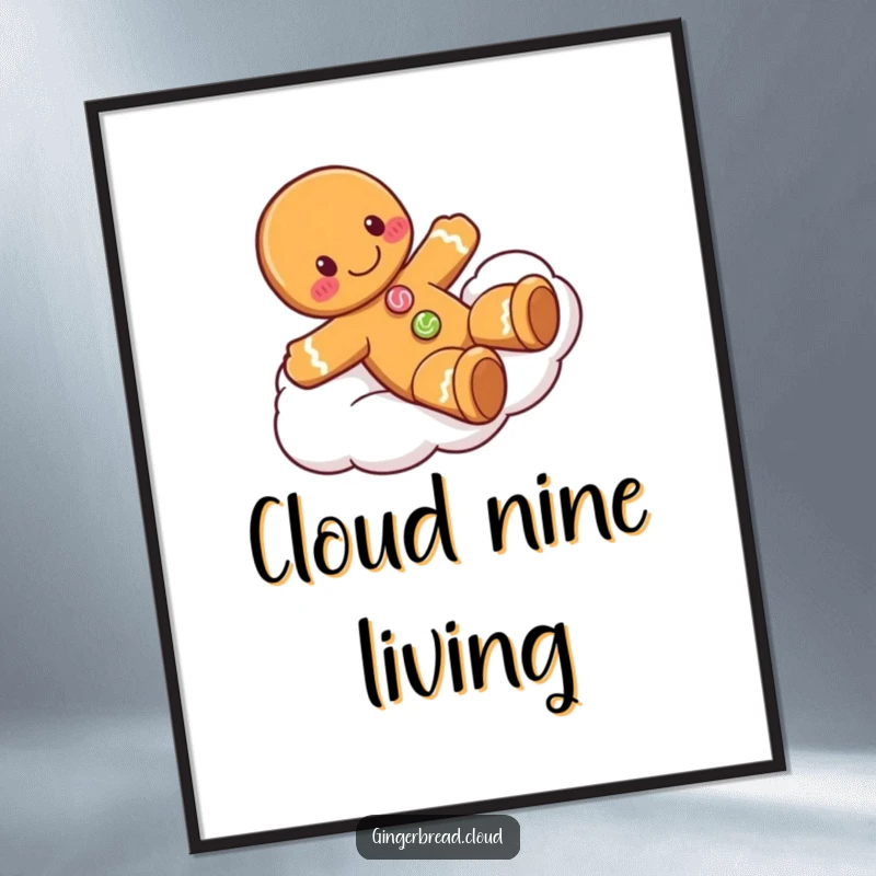 Funny gingerbread man poster featuring a character with candy buttons playfully sliding down a cloud, creating a whimsical and cheerful art piece.