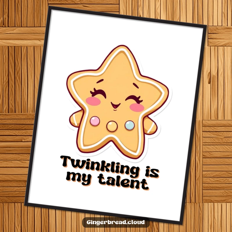 Funny gingerbread star poster, a charming winking character with twinkling candy buttons, festive and eye-catching wall art.