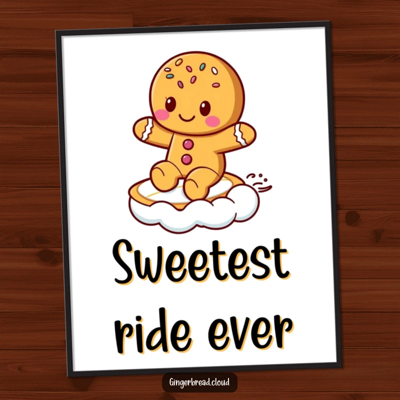 Funny Poster: Whimsical art of a cute gingerbread cookie with sprinkles, joyfully surfing on a cloud like a surfboard.