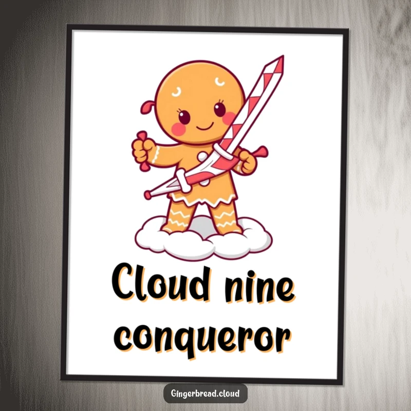 Funny poster of a determined gingerbread person holding a candy cane sword, standing on a cloud.
