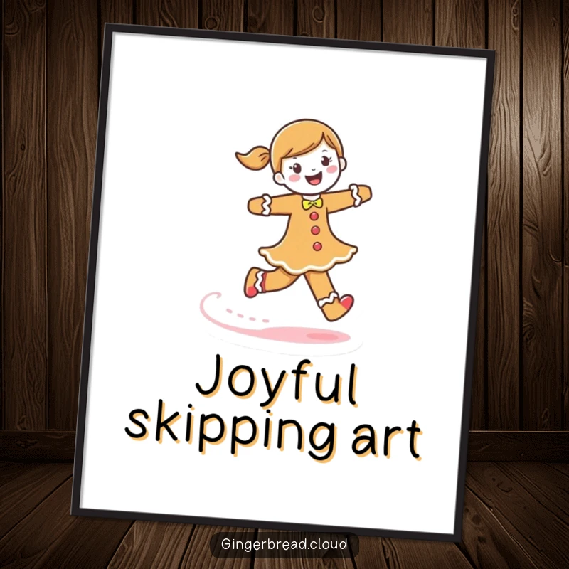 Funny gingerbread woman poster, a character skipping joyfully, leaving a trail of frosting, vibrant and cheerful wall art.