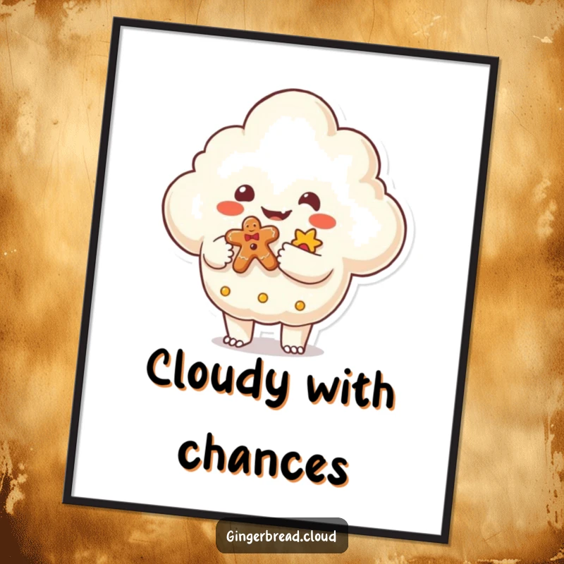 Funny Poster of a friendly monster shaped cloud handing a gingerbread gift, a whimsical and humorous fantasy artwork for enchanting wall decor.