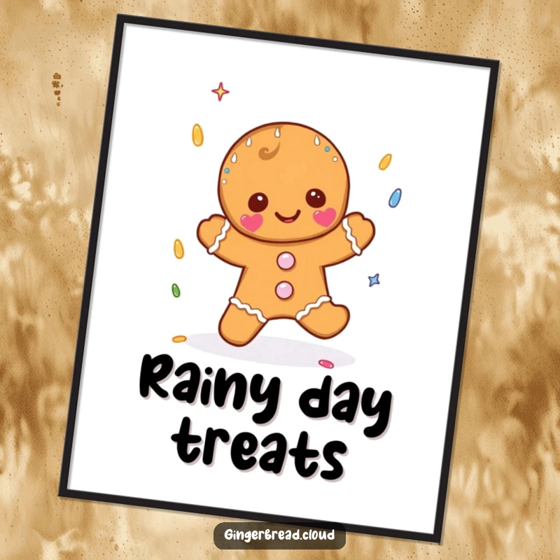 Funny art print featuring a gingerbread character catching sprinkle-shaped raindrops, adding a sweet and humorous touch to wall decor.