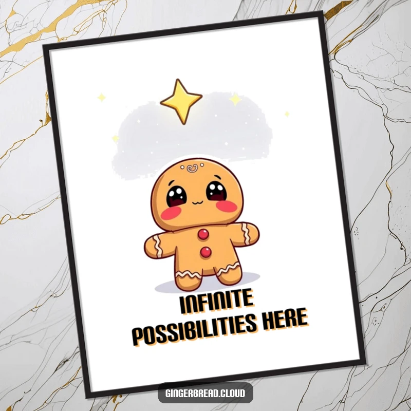 Funny gingerbread character with wide eyes looking up at a starry sky, displayed as a vibrant poster.