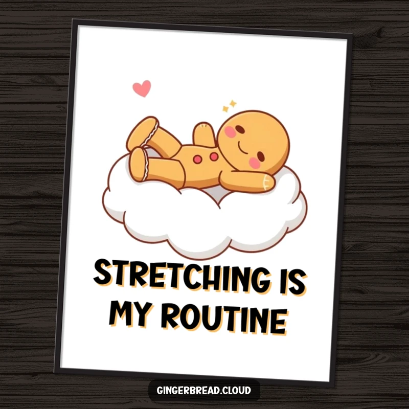 Funny gingerbread character stretching joyfully on a soft cloud bed, displayed as a vibrant poster.