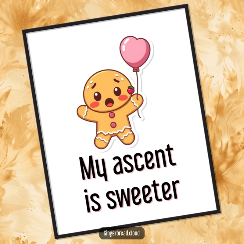 Funny surprised gingerbread cookie character with currants floating upwards on a balloon, whimsical wall art poster, cheerful and festive.