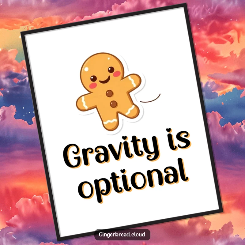 Funny poster of a smiling gingerbread cookie being lifted by a gentle wind, creating an uplifting and cheerful visual.