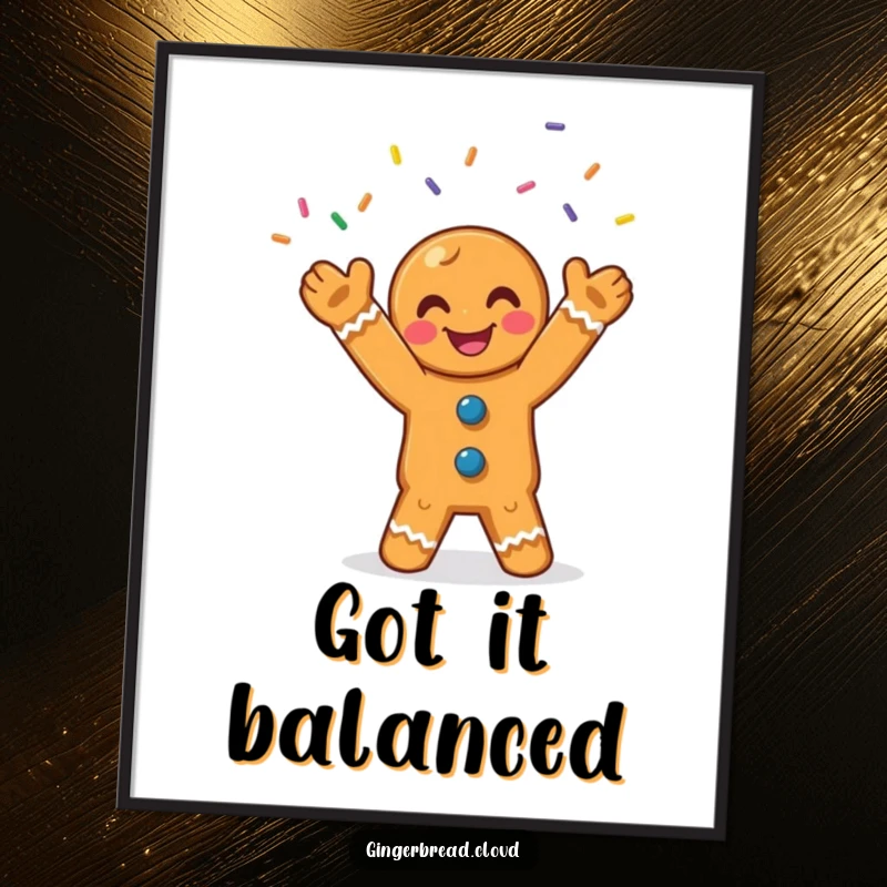 Funny gingerbread poster art showing a smiling character joyfully juggling bright, colorful sprinkles in a dynamic display.