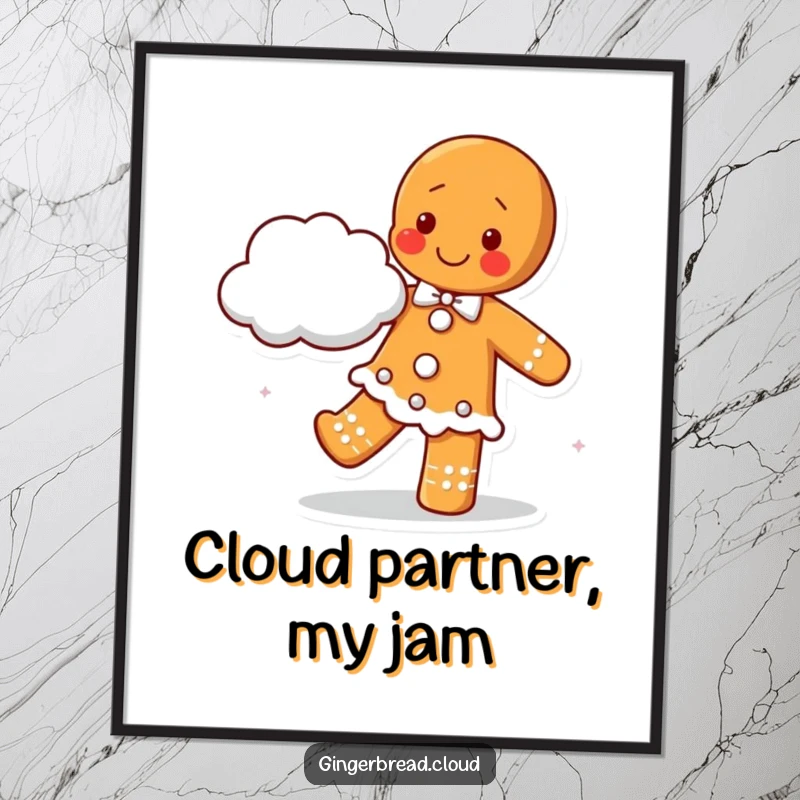 Happy gingerbread cookie character dancing with a fluffy cloud partner, displayed as art on a poster for joyful decoration.