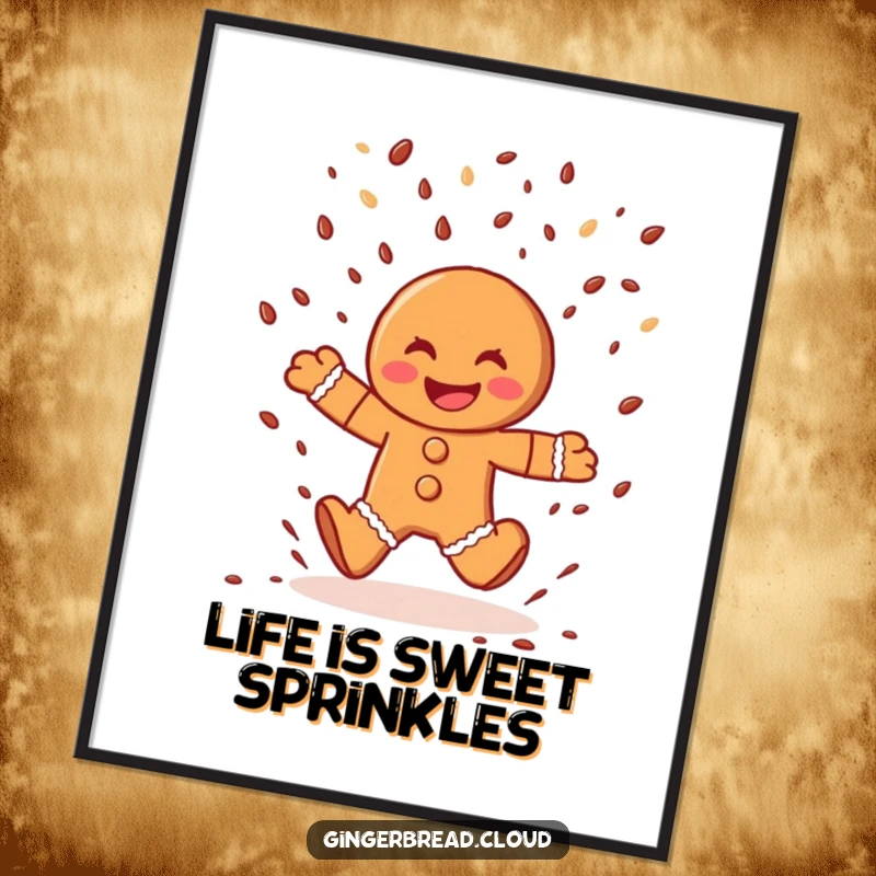 Funny gingerbread man poster, energetic character jumping through chocolate sprinkle rain, vibrant and cheerful wall decor.