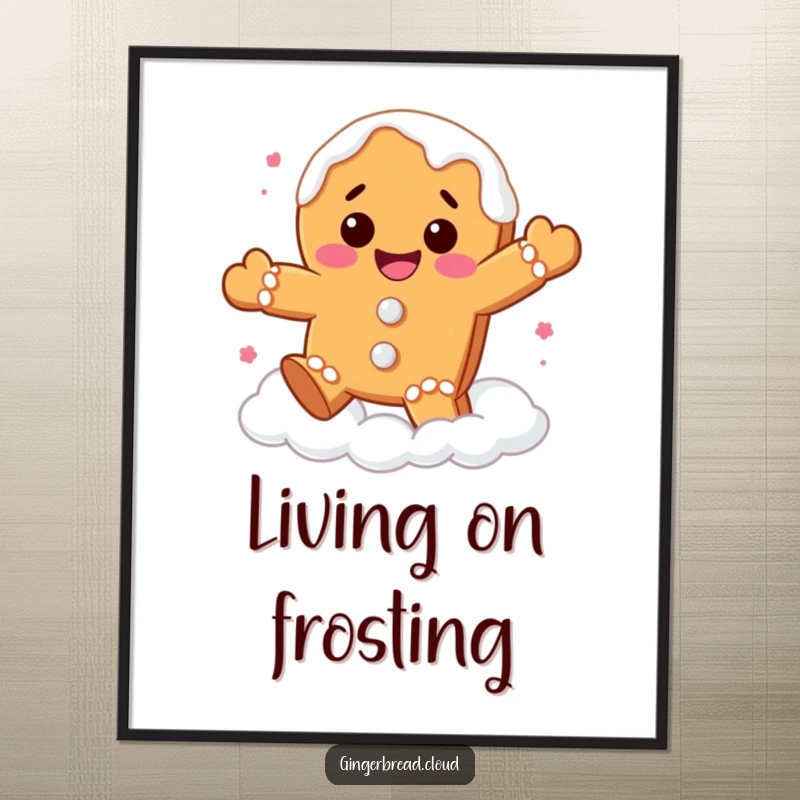 Funny gingerbread cookie poster featuring a character with frosting drips bouncing joyfully on white clouds, creating a whimsical and cheerful art piece.