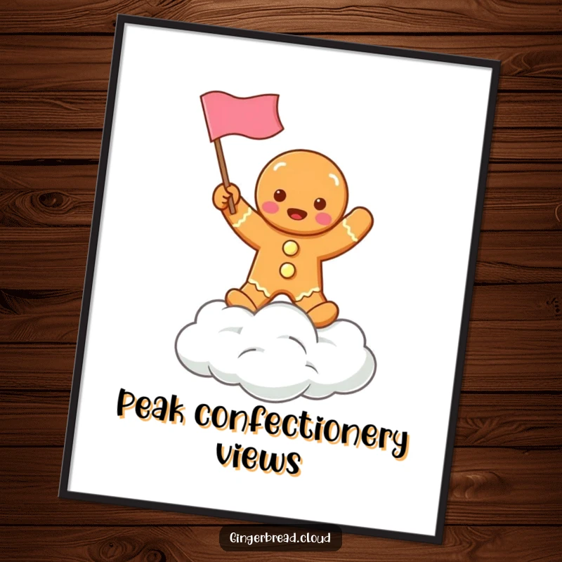 Funny holiday poster depicting a gingerbread man waving a flag from a cloud, bringing festive cheer to wall decor.