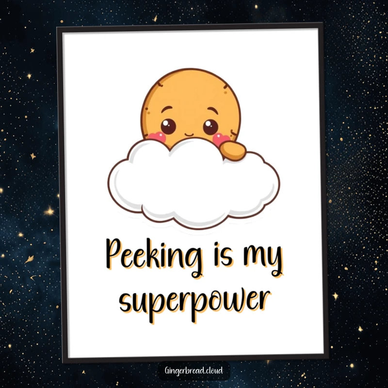 Funny gingerbread character with wide eyes peeking from behind a soft cloud on a vibrant poster.