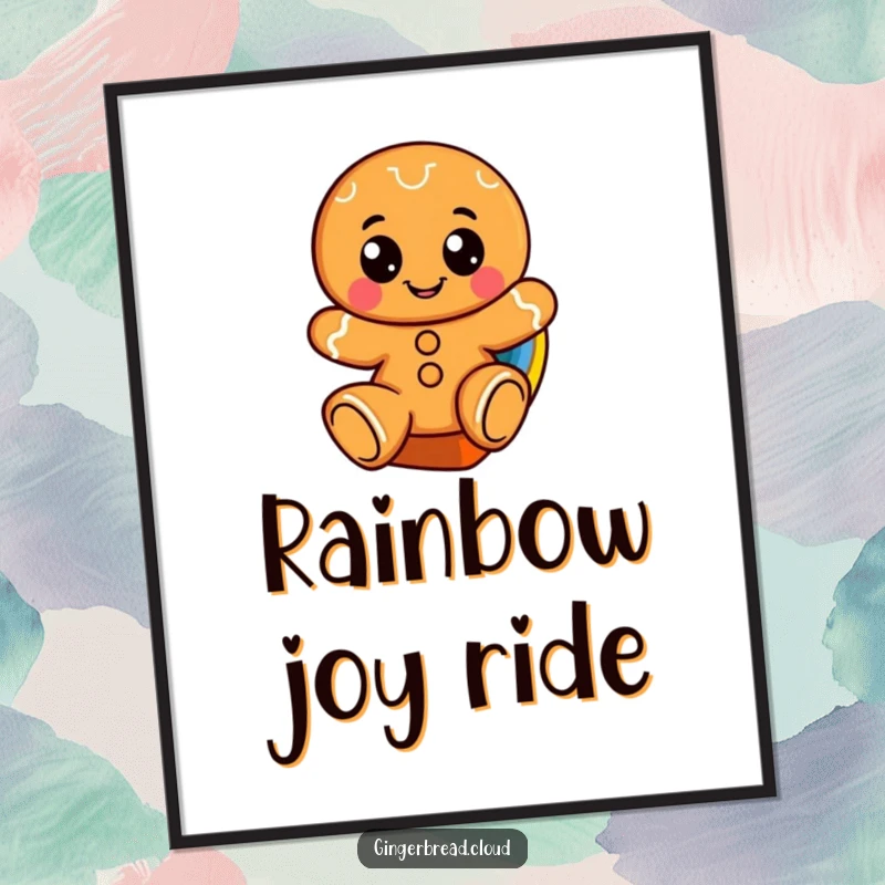 Funny poster of a cheerful gingerbread character with large eyes sliding down a bright, arcing rainbow.