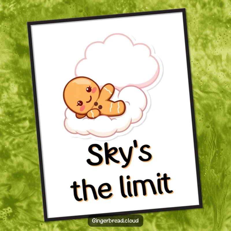 Funny gingerbread poster art showing a cute character having a delightful slide down a fluffy, dream-like cloud.