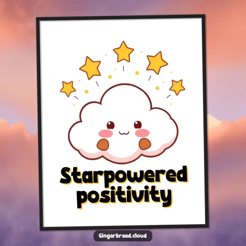 Funny Poster print of a cute gingerbread cloud character joyfully expelling small, shimmering stars. Whimsical wall decor.