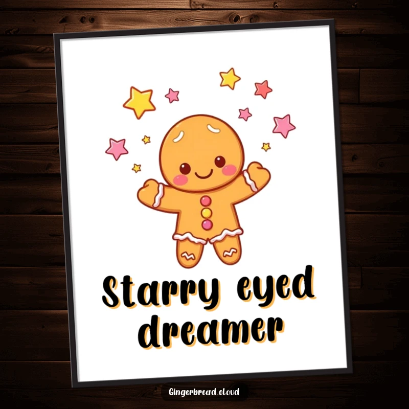 Funny poster: A gingerbread cloud character performs a dazzling juggling act with candy stars, bringing whimsical energy.