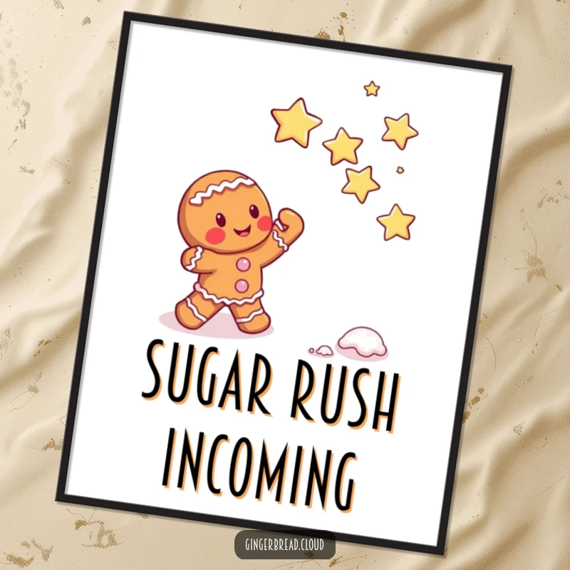 Funny gingerbread character attempting to catch falling sugar stars, whimsical wall art poster, magical and sweet design.