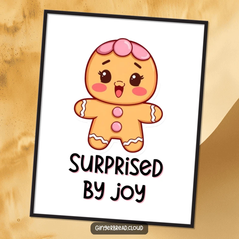 Funny poster print of a gingerbread character with frosting buttons, showing a surprised and delighted expression.