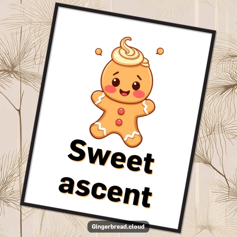 Funny poster showcasing a happy gingerbread person with detailed icing swirls, floating gracefully upwards.