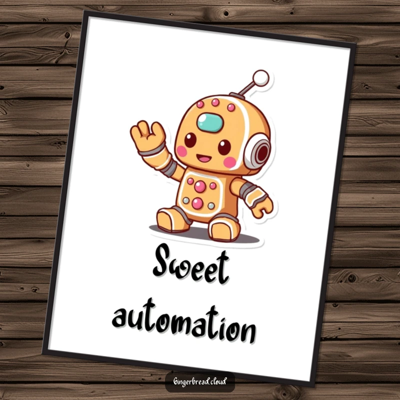 Funny poster showcasing a gingerbread robot character waving a sugary antenna, perfect for adding a techy touch.