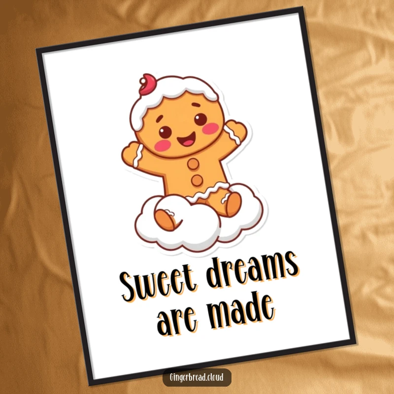 Funny Poster: Whimsical art of a smiling gingerbread man with frosting, joyfully jumping on a fluffy cloud.