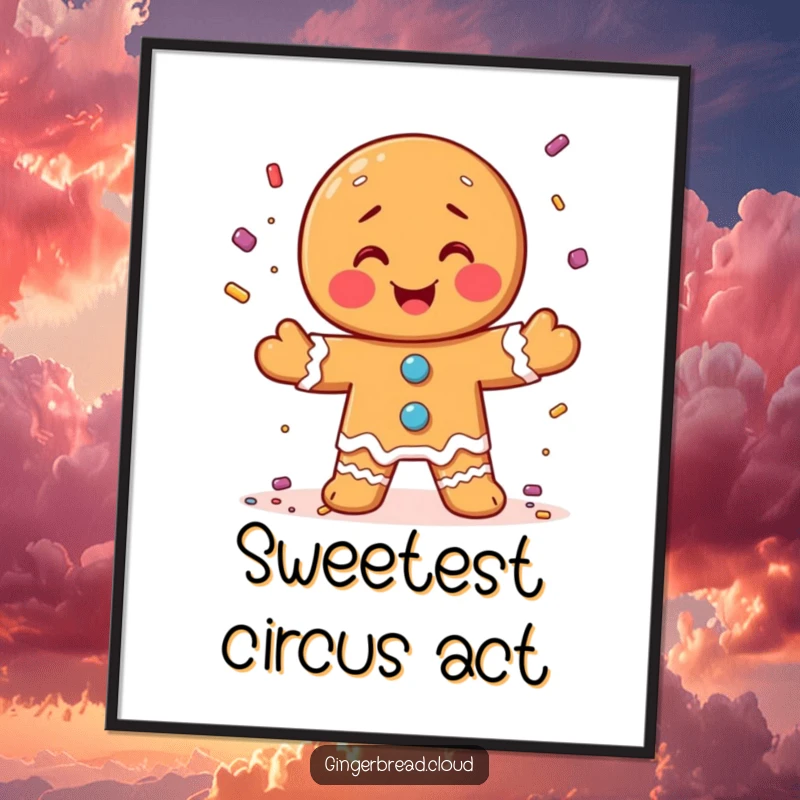 Funny poster of a gingerbread man joyfully juggling a colorful array of candy sprinkles, full of delight.