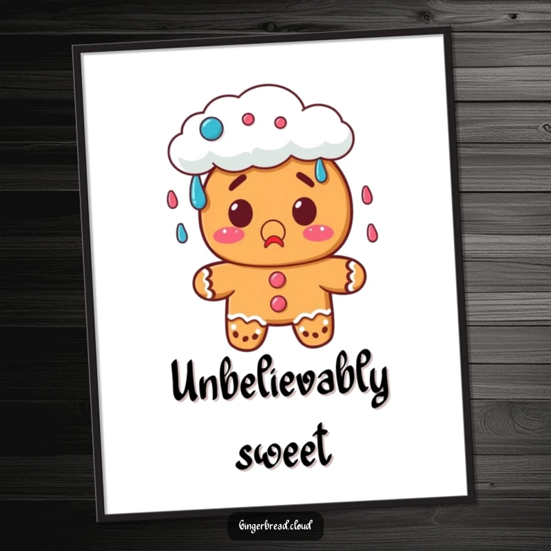 Funny gingerbread poster art showing a surprised character under a cloud raining colorful, delicious candy.