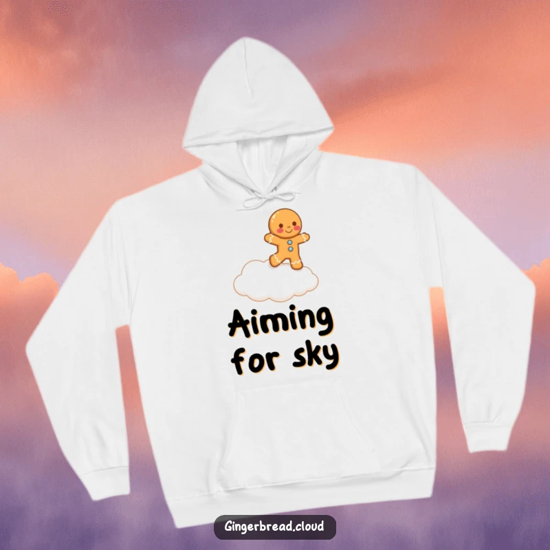 Funny lopsided gingerbread man comically attempts to reach a cloud, offering warmth and humorous aspiration, perfect for cozy wear.