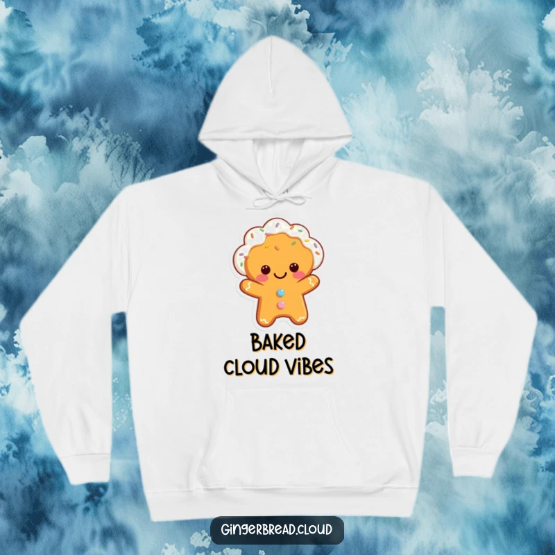 Funny hoodie depicting a smiling gingerbread cloud character showering sprinkles, perfect for cozy, cheerful wear.