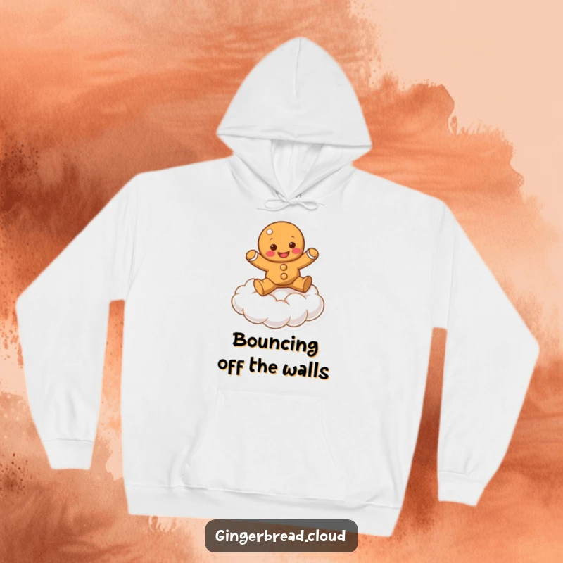 Funny gingerbread character bouncing on a soft cloud, printed on a cozy hoodie.