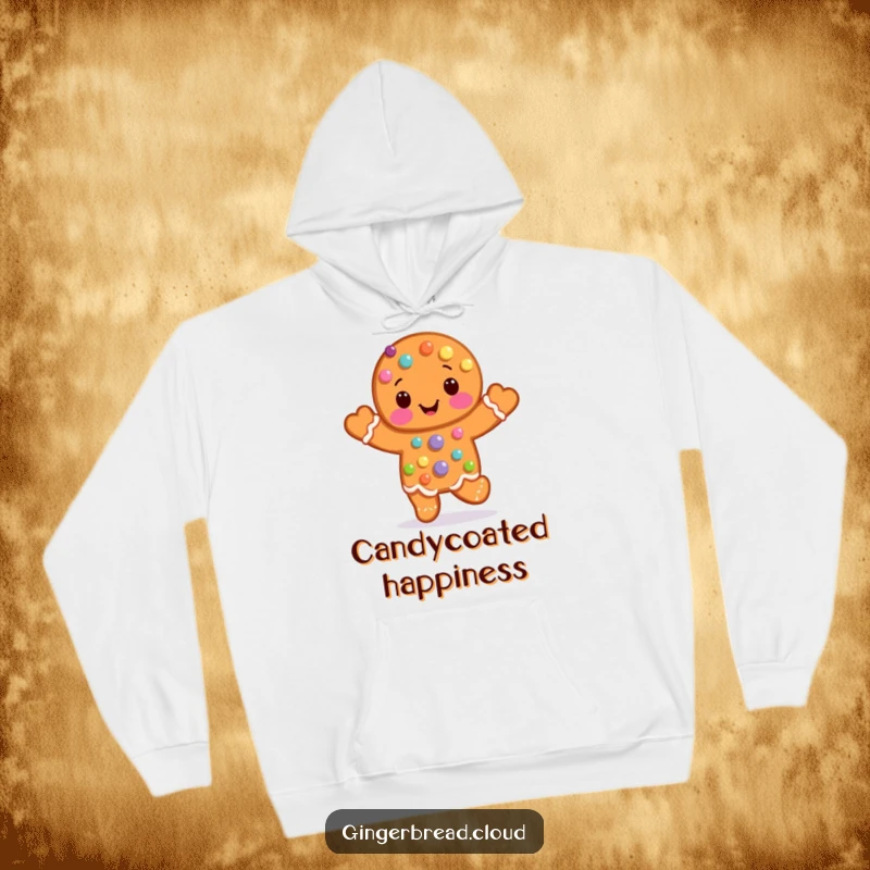 Funny Hoodie illustrating a candy-covered gingerbread man in a joyful hop, designed for ultimate warmth and festive cheer.