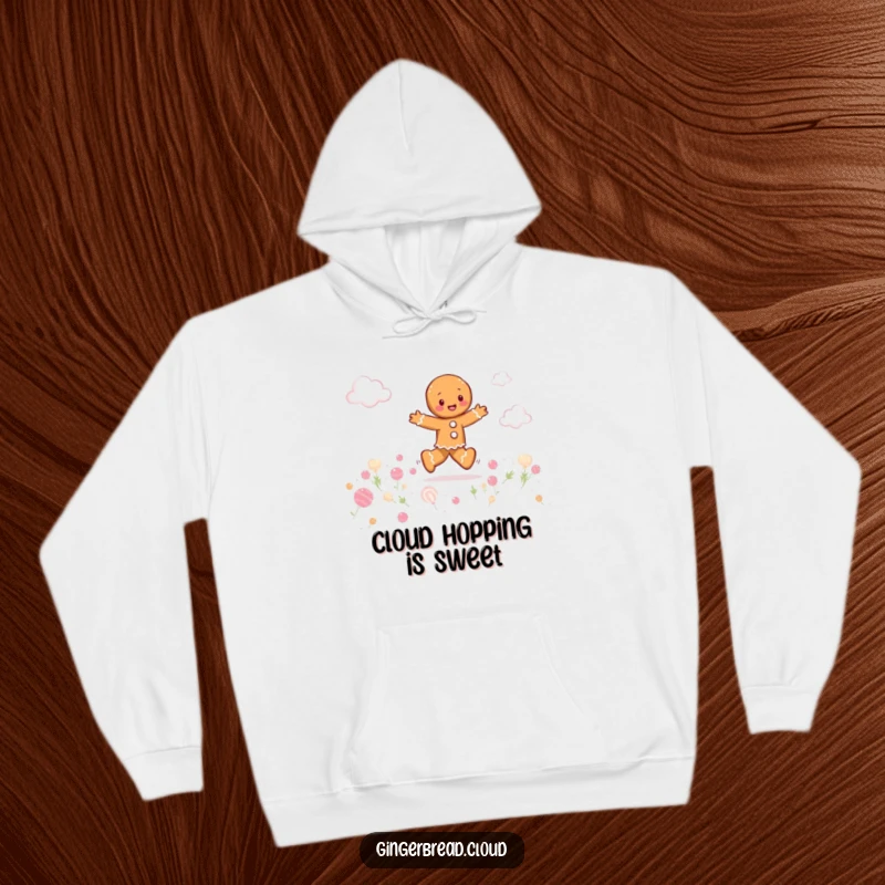 Funny gingerbread person playfully skipping through a field of candy clouds, cozy hoodie, whimsical and sweet comfort.