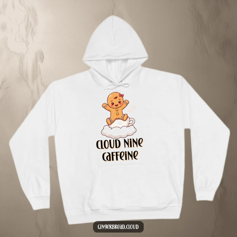 Funny hoodie showcasing a gingerbread boy leaping over a steaming coffee cup cloud, a charming holiday and coffee theme.